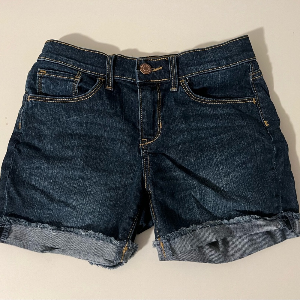 Old Navy Girls Medium Dark-Wash Frayed-Hem Jean Midi Shorts